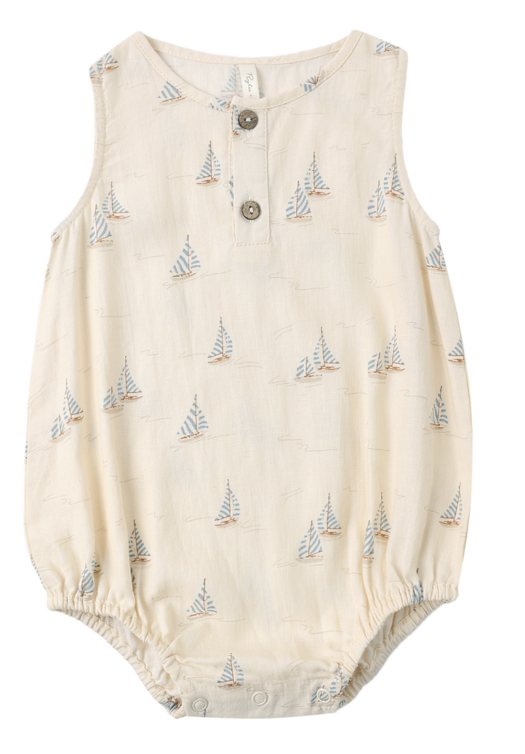 The Baby Boys' Beau Romper by Rylee & Cru features a sleeveless cream design with blue and beige sailboat print, sea green accents, two chest buttons, and bottom snaps—perfect for summer.