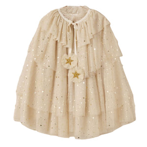 The Noralee Tulle Cape features cream-colored, tiered tulle with gold star patterns, a ruffled collar, and two flower-shaped decorations—an enchanting choice for your next party princess look.