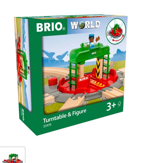 Box of Brio's BRIO World Turntable & Figure toy set, designed for children aged 3 and up, includes a BRIO World railway turntable along with a figure, tracks, and track connection points for seamless play.