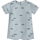 The Rylee & Cru Baby Boys' Shorty One-Piece features light blue fabric with dark shark silhouettes, small waves, and UPF 50+ protection—perfect for sunny adventures.