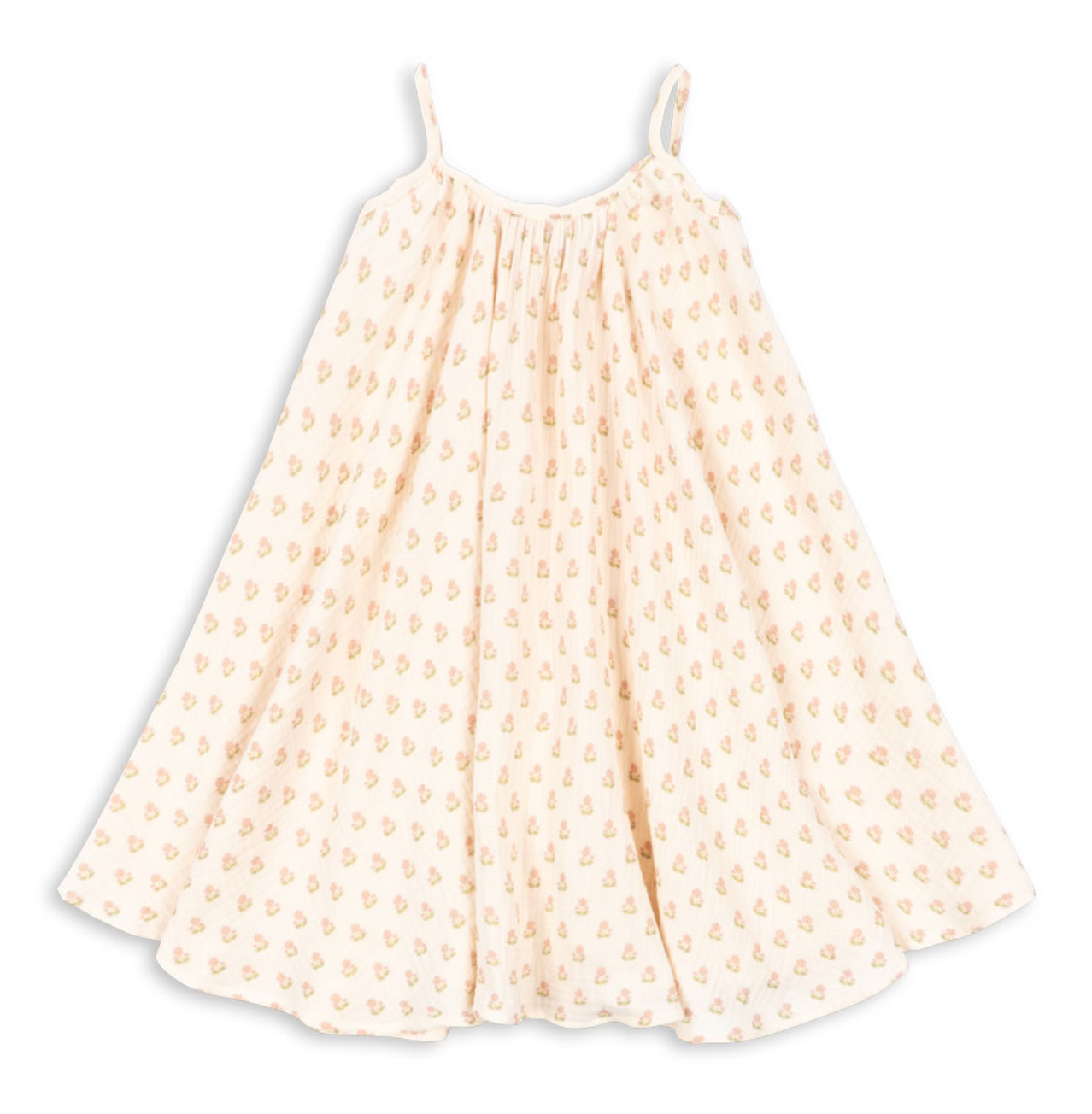 The Girls’ Coco Strap Dress by Konges Slojd is a cream-colored muslin summer dress with thin shoulder straps and a flared silhouette, featuring a soft feel and a small, repeating yellow and pink floral pattern.