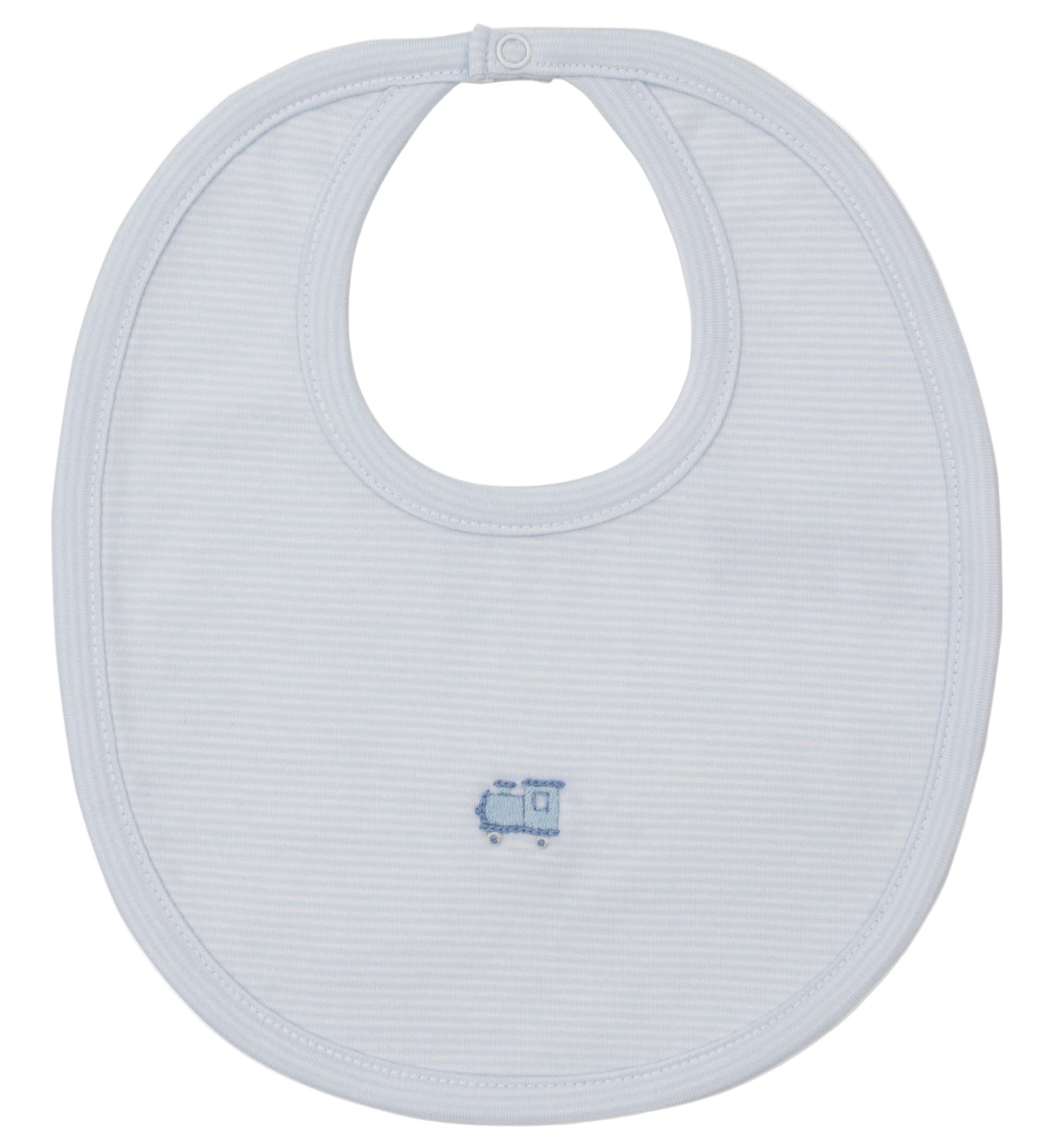 The Kissy Kissy Fall Medley Striped Bib with Hand Emb. is crafted from soft Pima cotton, features subtle light blue horizontal stripes, and a small hand-embroidered blue design at the center.