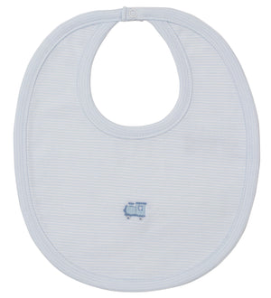 The Kissy Kissy Fall Medley Striped Bib with Hand Emb. is crafted from soft Pima cotton, features subtle light blue horizontal stripes, and a small hand-embroidered blue design at the center.