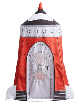 The Asweets Rocket Pop-Up Playhome is a red and white rocket ship-style kids playhouse, crafted from durable polyester with a door, two circular windows, and black detailing—perfect for imaginative play.