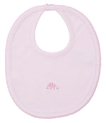 The Kissy Kissy Premier Elephant Esprit Bib with Hand Emb. is made from soft Pima cotton, featuring a hand-embroidered pink elephant at the center and a snap closure at the neck.
