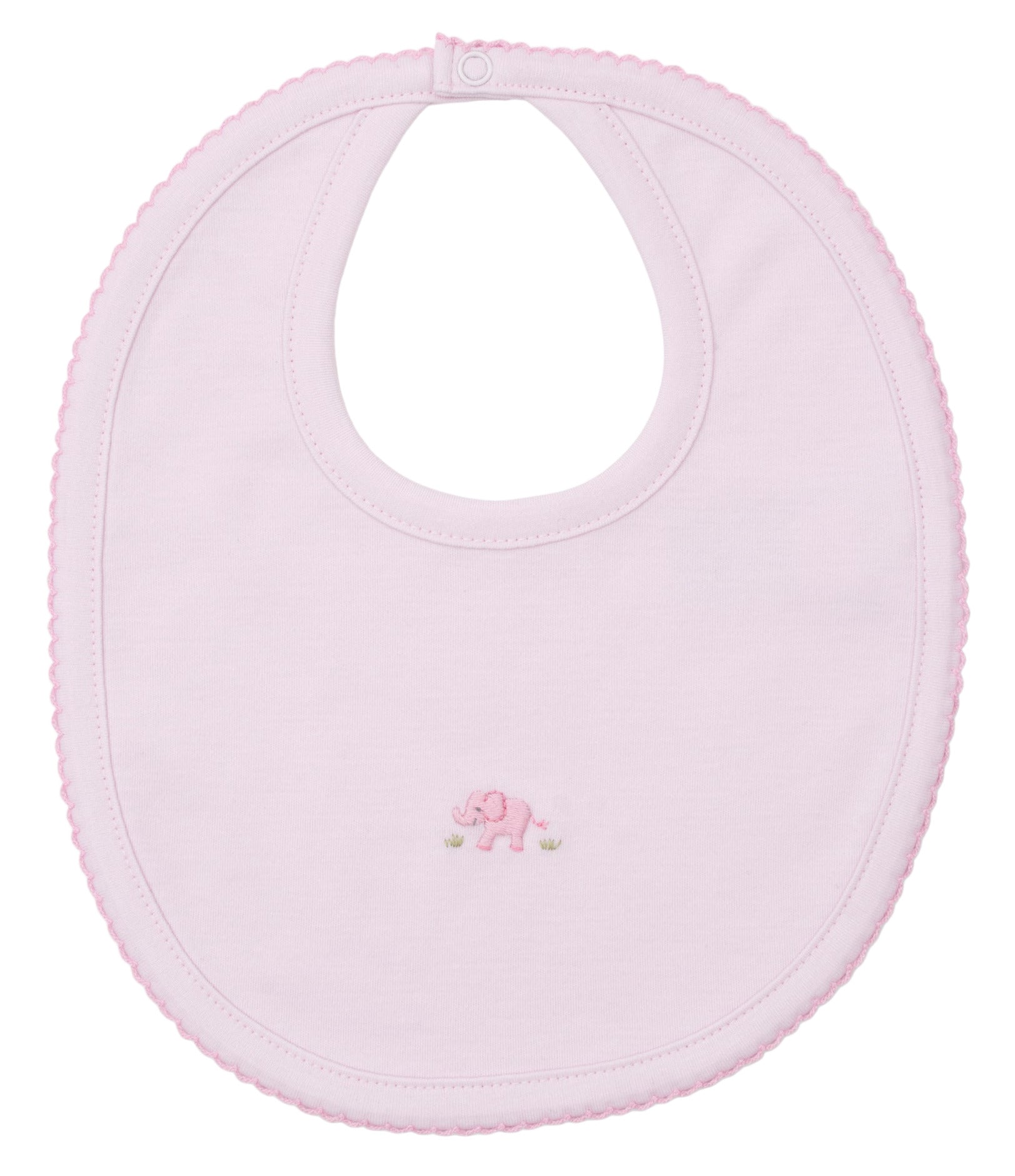 The Kissy Kissy Premier Elephant Esprit Bib with Hand Emb. is made from soft Pima cotton, featuring a hand-embroidered pink elephant at the center and a snap closure at the neck.