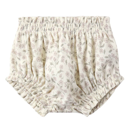 The Quincy Mae Baby Girls’ Gathered Bloomer features a light pink and gray floral print with an elastic waistband and elasticated leg openings.