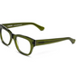 The Caddis Miklos Readers are thick-rimmed, rectangular olive green eyeglasses with clear lenses, designed for larger faces and shown at an angle on a white background.