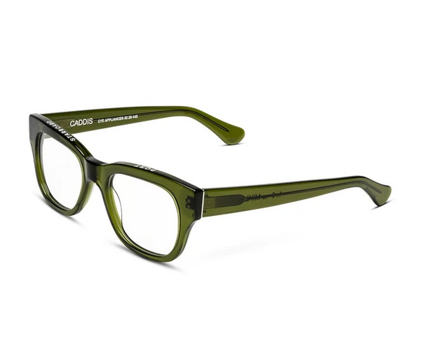 The Caddis Miklos Readers are thick-rimmed, rectangular olive green eyeglasses with clear lenses, designed for larger faces and shown at an angle on a white background.