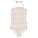 The Minnow Girls Halter One Piece with Tie Knot by Minnow showcases a beige gingham pattern, adjustable halter ties, and a charming ruffle detail at the neckline. The textured fabric enhances its appeal as a must-have for summer.