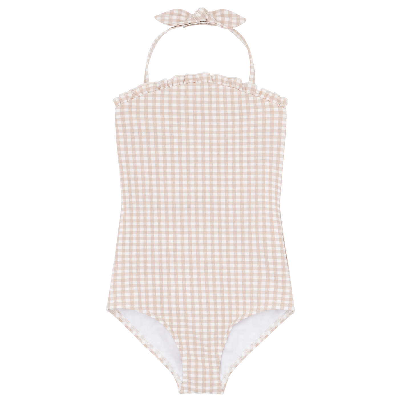 The Minnow Girls Halter One Piece with Tie Knot by Minnow showcases a beige gingham pattern, adjustable halter ties, and a charming ruffle detail at the neckline. The textured fabric enhances its appeal as a must-have for summer.