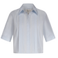 The Short Lived Cherry Pleat Top by TWP is a light blue cropped button-down shirt with a collar and vertical pintuck detailing, shown against a plain white background.