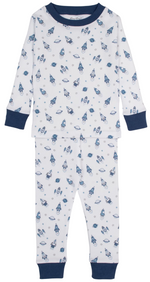 The Kissy Kissy Baby Boys’ Space Race Pajama Set is crafted from ultra-soft Pima cotton in white, featuring blue cuffs and an all-over rocket ship and star print in blue and gray.