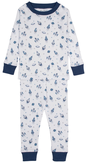 The Kissy Kissy Baby Boys’ Space Race Pajama Set is crafted from ultra-soft Pima cotton in white, featuring blue cuffs and an all-over rocket ship and star print in blue and gray.