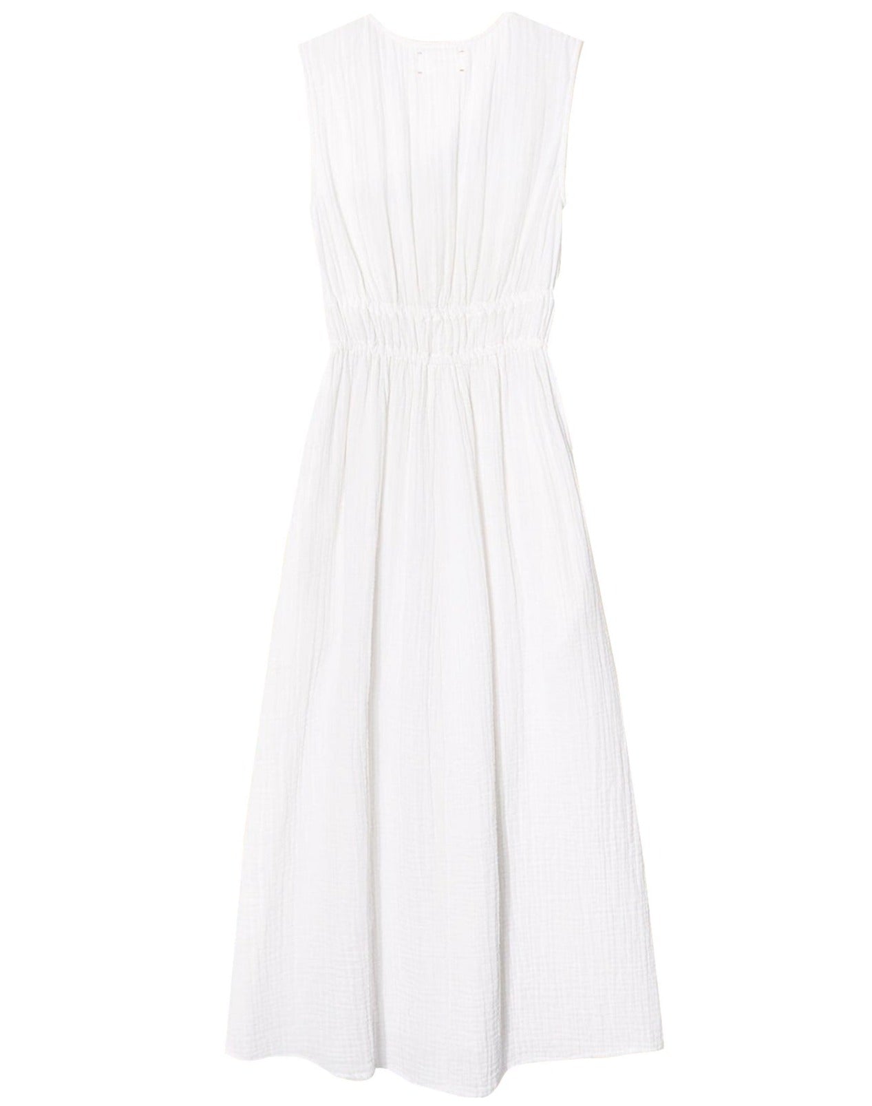 White cotton gauze Xirena Arwen dress with a cinched waist and a flared skirt on a white background.