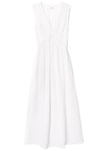 Xirena Arwen Dress in cotton white, sleeveless v-neck midi style on a white background.