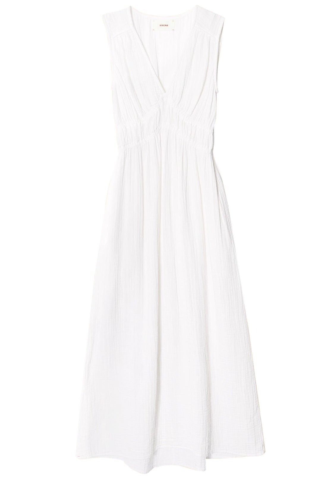 Xirena Arwen Dress in cotton white, sleeveless v-neck midi style on a white background.