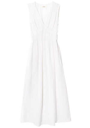 Xirena Arwen Dress in cotton white, sleeveless v-neck midi style on a white background.