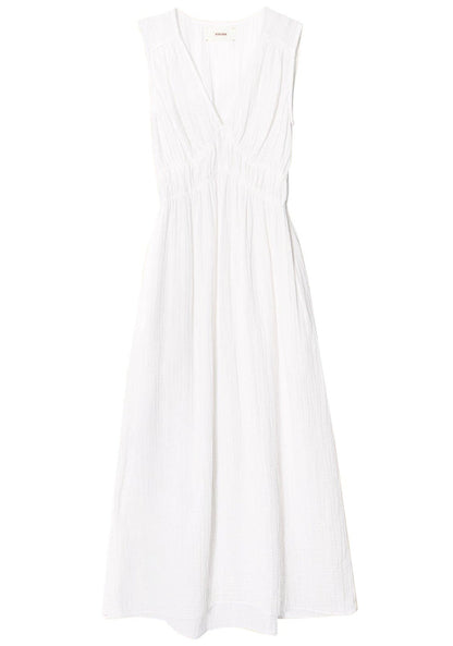 Xirena Arwen Dress in cotton white, sleeveless v-neck midi style on a white background.