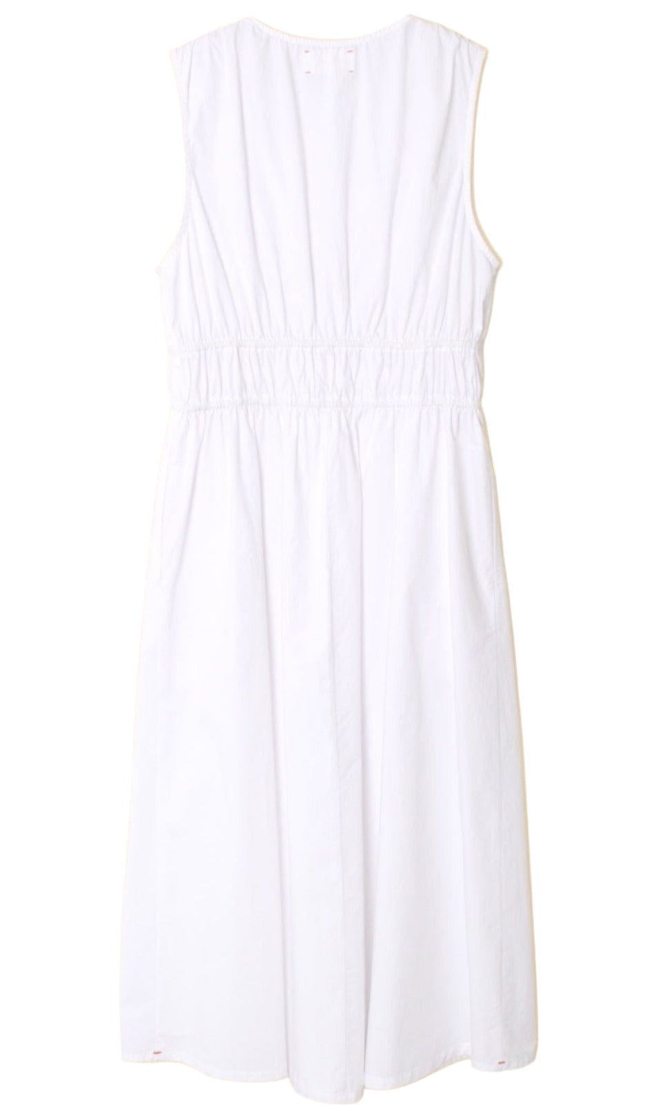 The Xirena Cyra Dress, made from cotton poplin, features a white, knee-length design with an elastic waistband. Displayed on a plain white background, its simplicity and flowy style make it a versatile addition to any wardrobe.