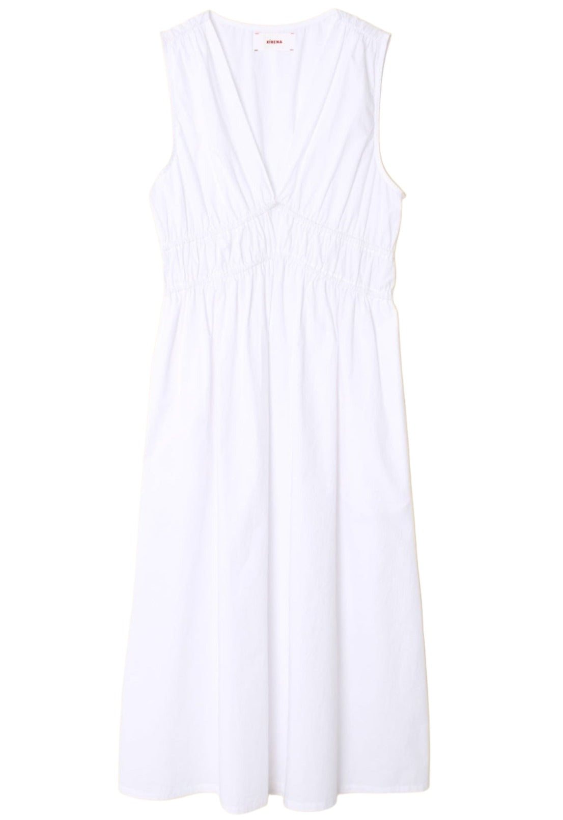 The Xirena Cyra Dress in white cotton poplin features a V-neck and gathered details at the waist, displayed on a pristine white background.