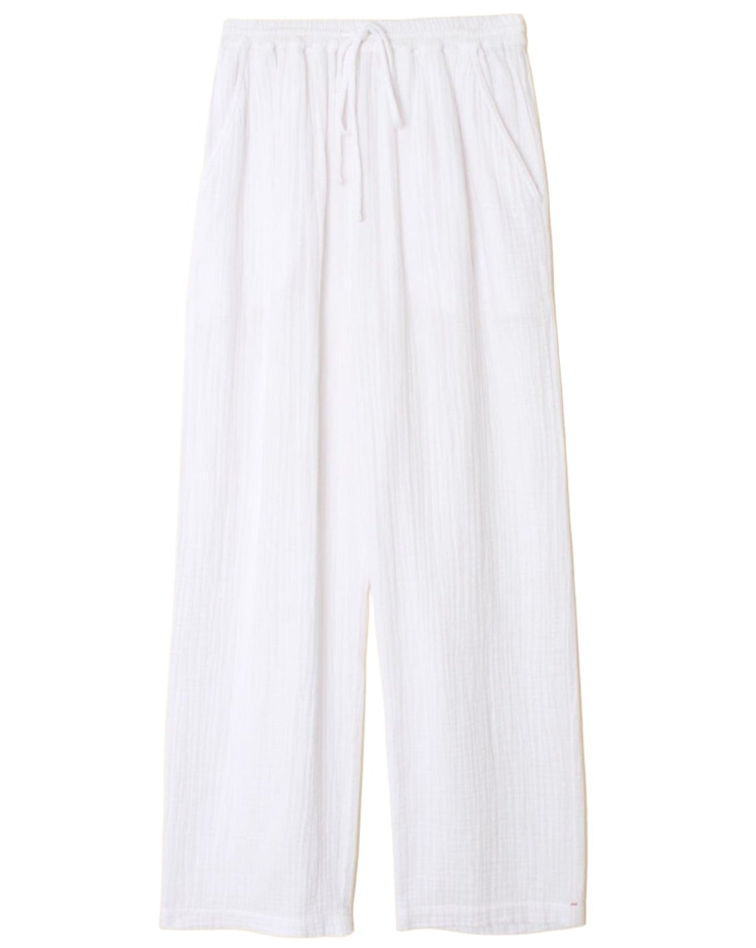 The Xirena Dylan Pant by Xirena features white wide-leg cotton gauze construction, an elastic drawstring waist, and side seam pockets.