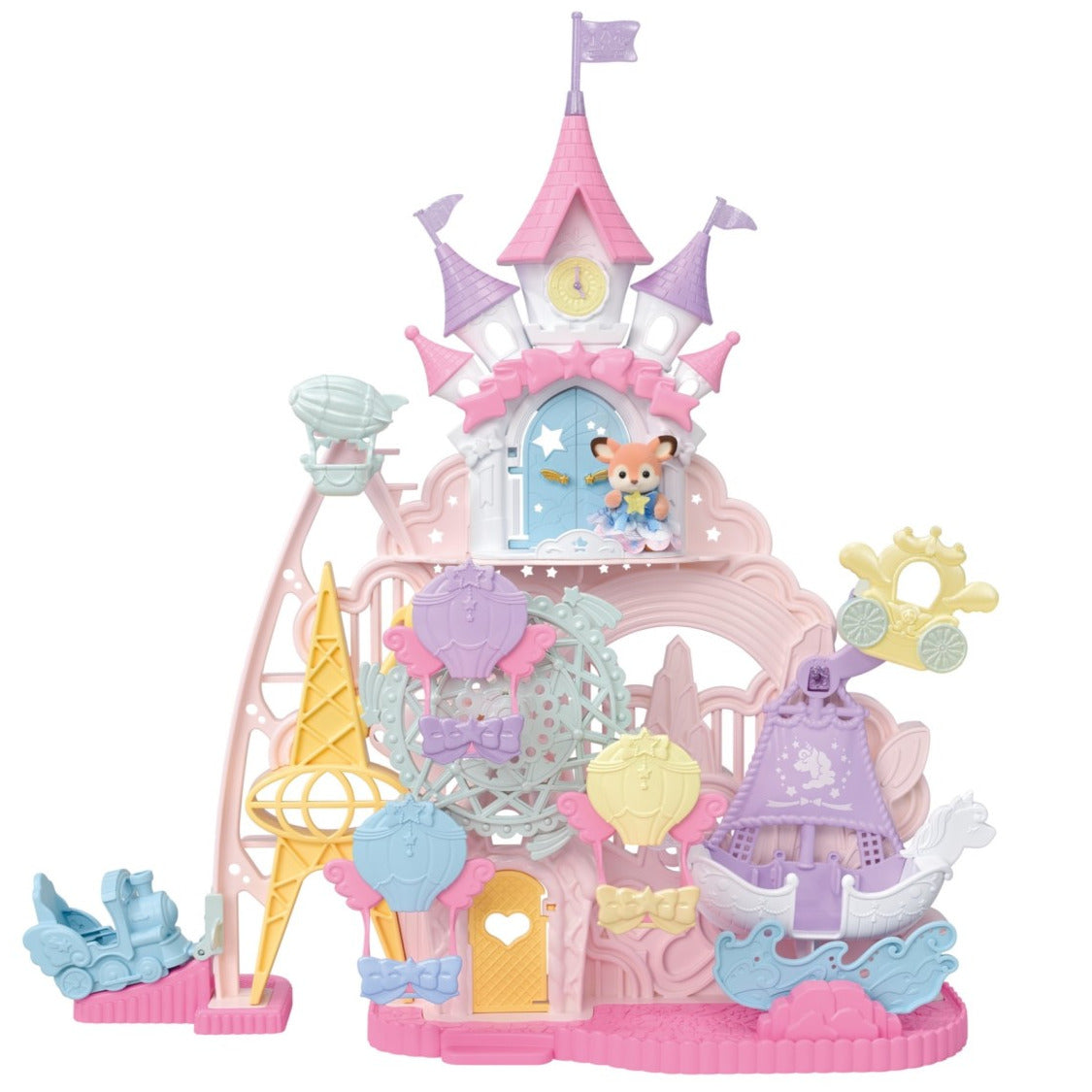 The Calico Critters Baby Dream Amusement Park is a pastel-colored playset that features a charming castle with towers, a clock, Ferris wheel, ship ride, carriages, and includes a small animal figure on the balcony.