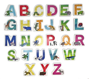 The Kids Preferred Foam Letters and Numbers Set features colorful alphabet letters, each paired with an illustrated animal from The Very Hungry Caterpillar—perfect for fans of Eric Carle toys.