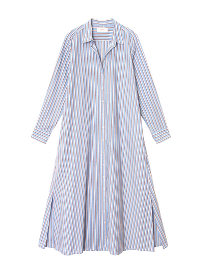 The Xirena Boden Dress is a long-sleeved, collared tailored shirtdress crafted from lightweight cotton with blue, white, and red vertical stripes. It features a full-length button-front design and a flared hem.