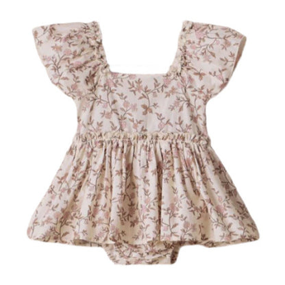Noralee Baby Girls' Margot Romper in light pink features ruffled sleeves, a floral pattern, gathered waist, and attached bloomers—a charming special occasion outfit.
