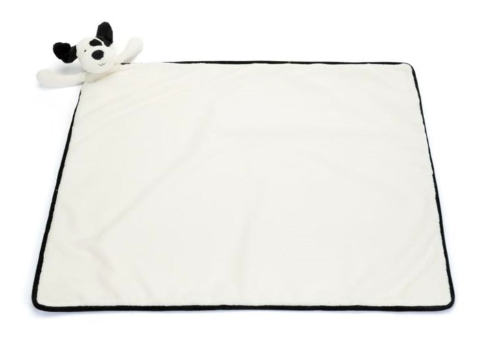 The Jellycat Bashful Black & Cream Puppy Blankie is a square white blanket with a black border, featuring a plush dog head with soft fur attached to one corner - an adorable addition from Jellycat.