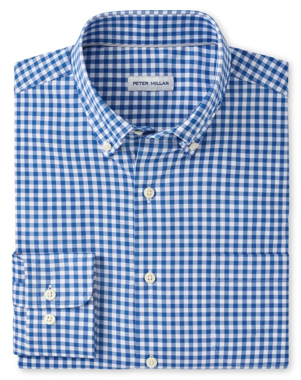 Folded blue and white checkered sport shirt with button-down collar and front pocket, labeled "Peter Millar." This Peter Millar Trenton Crown Lite Cotton-Stretch Sport Shirt is crafted from cotton-performance twill for ultimate comfort and style.