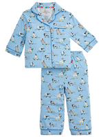 Introducing the Boys’ Ruff Riders PJ Set by Magnetic Me—a two-piece children’s pajama set in blue, adorned with a playful print of cows, dogs, and children. Crafted from soft RightFit fabric that offers optimal comfort and safe, non-toxic flame resistance, this set includes a long-sleeved button-up top and matching pants.