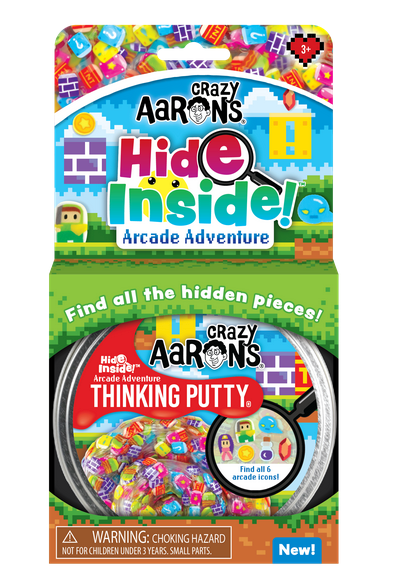 Crazy Aaron’s Thinking Putty Hide Inside! Arcade Adventure features colorful, non-toxic sensory putty with hidden arcade-themed pieces. Contains small parts; suitable for ages 3+.