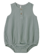 The Baby Boys' Beau Romper by Rylee & Cru features a textured knit in sea green, sleeveless design, chest buttons, and bottom snap closures—an ideal summer outfit for your baby.