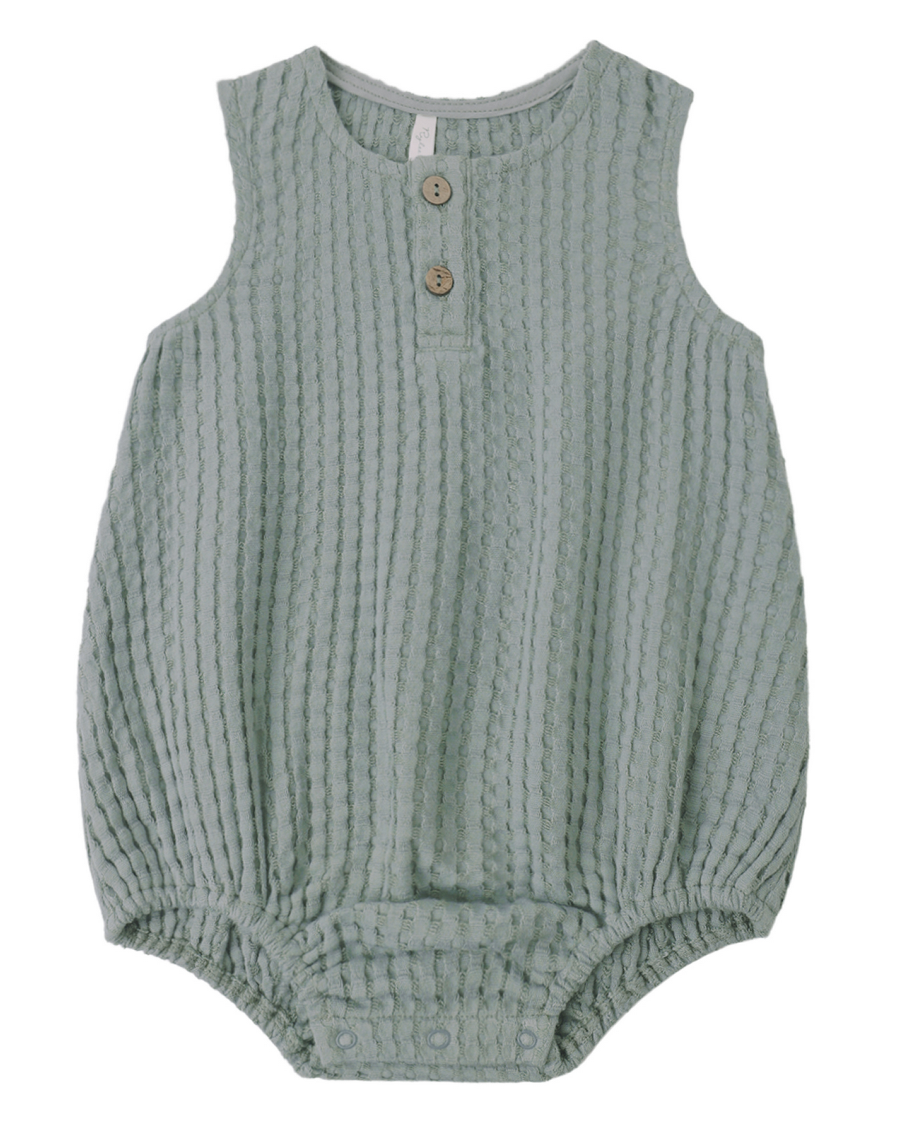 The Baby Boys' Beau Romper by Rylee & Cru features a textured knit in sea green, sleeveless design, chest buttons, and bottom snap closures—an ideal summer outfit for your baby.