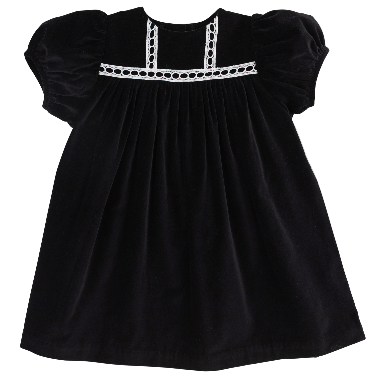 The Beaufort Bonnet Company’s Baby Girls’ and Girls’ Velveteen Dilly Dress features short puff sleeves, a gathered skirt, and white trim at the chest and neckline—an ideal black velvet pick for your holiday wardrobe.