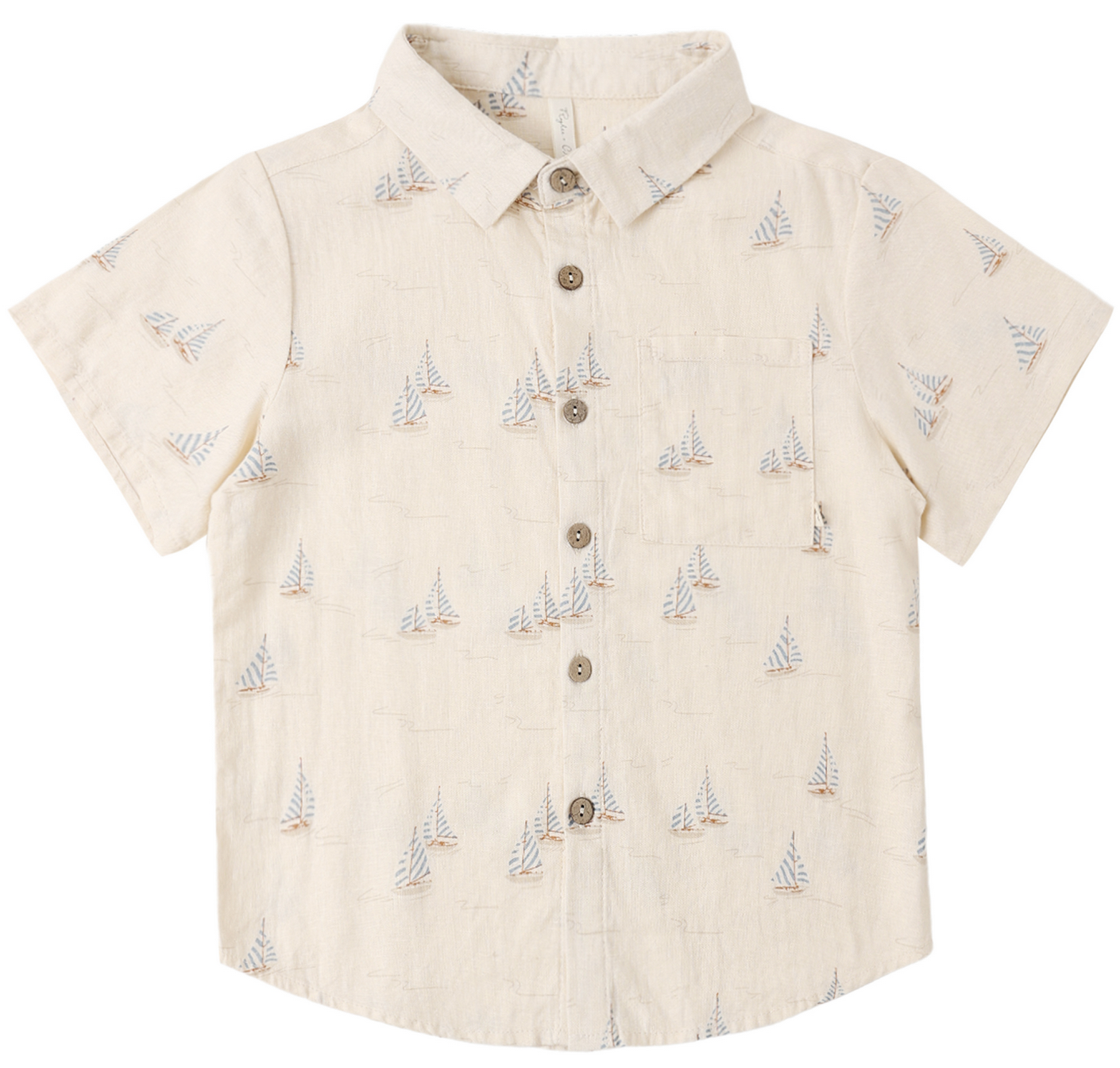 Rylee & Cru Baby Boys' and Boys' Collared Short Sleeve Shirt in cream features a front pocket and an allover playful sailboat print.