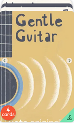 A partially visible card titled “Yoto Card: Sleepy Songs Pack” features a drawn guitar with four sound waves and navigation arrows on each side. Perfect for the Yoto player, this instrumental music card pack from Yoto promises a soothing soundtrack for young listeners. A red badge in the corner reads “4 cards.”.