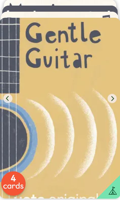 A partially visible card titled “Yoto Card: Sleepy Songs Pack” features a drawn guitar with four sound waves and navigation arrows on each side. Perfect for the Yoto player, this instrumental music card pack from Yoto promises a soothing soundtrack for young listeners. A red badge in the corner reads “4 cards.”.