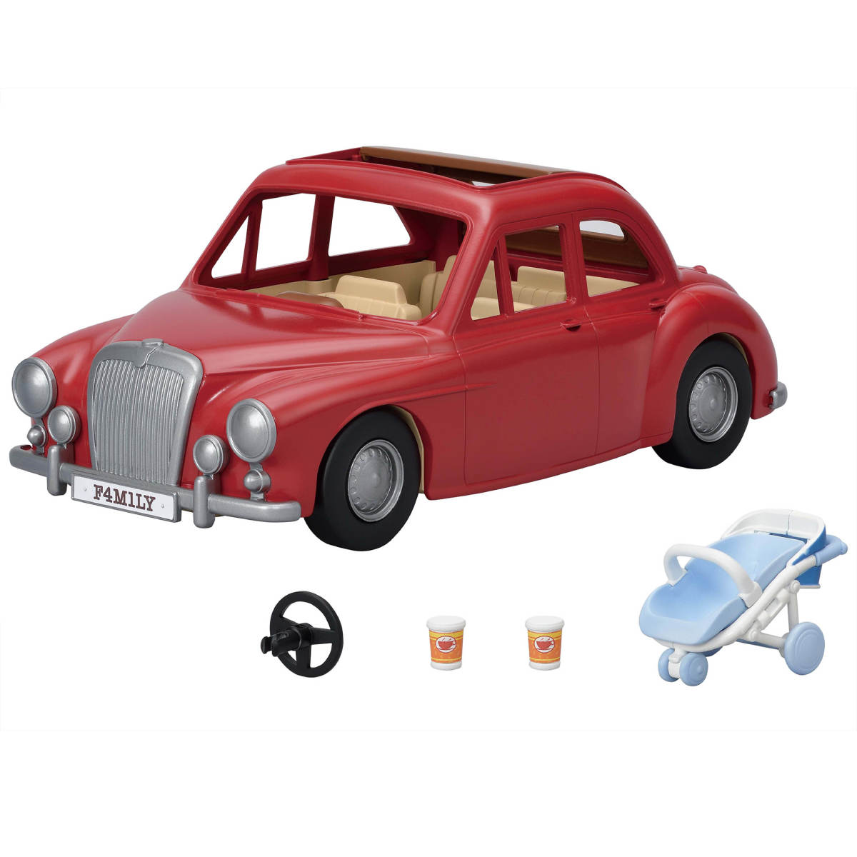 A red Calico Critters Family Cruising Car with tan seats, a removable steering wheel, two toy coffee cups, and a blue toy stroller is displayed on a white background—perfect for adventures around Calico Village.