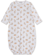 The Kissy Kissy Baby Beary Blessed Convertible Gown is crafted from ultra-soft Pima cotton and features a charming all-over print of teddy bears and honey pots in gentle brown and orange hues. This cozy gown includes long sleeves and an elastic bottom hem for convenient, easy changes.
