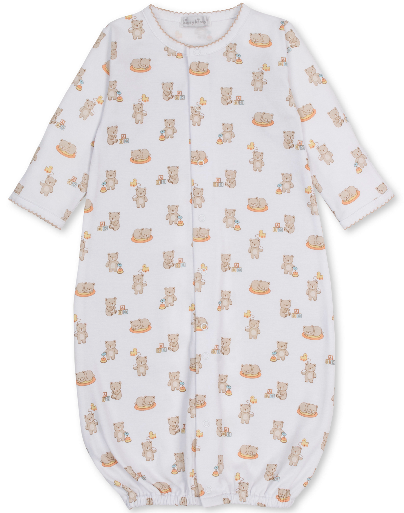 The Kissy Kissy Baby Beary Blessed Convertible Gown is crafted from ultra-soft Pima cotton and features a charming all-over print of teddy bears and honey pots in gentle brown and orange hues. This cozy gown includes long sleeves and an elastic bottom hem for convenient, easy changes.