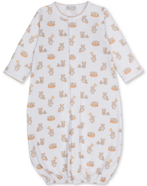 The Kissy Kissy Baby Beary Blessed Convertible Gown is crafted from ultra-soft Pima cotton and features a charming all-over print of teddy bears and honey pots in gentle brown and orange hues. This cozy gown includes long sleeves and an elastic bottom hem for convenient, easy changes.
