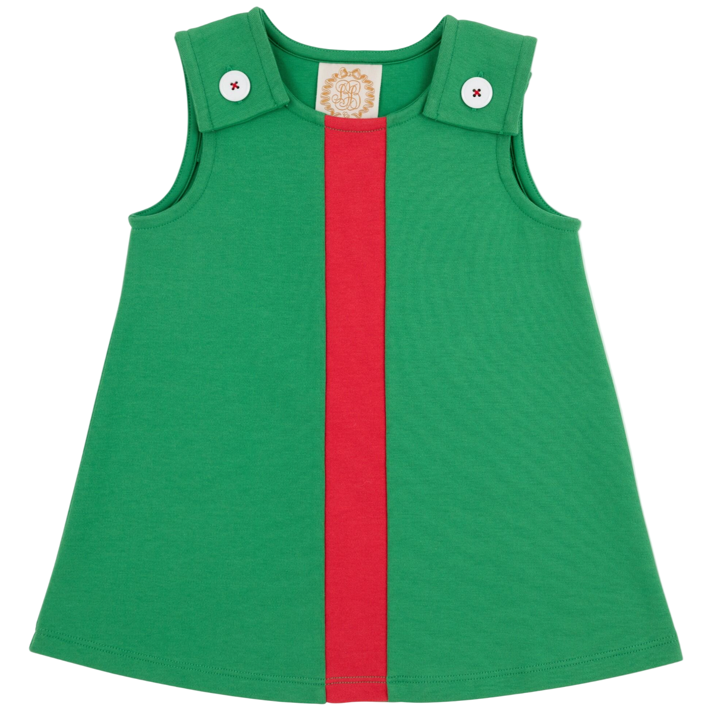 The Beaufort Bonnet Company's Baby Girls' and Girls' Pima Juliet Jumper is a sleeveless Kiawah Kelly Green dress with a vertical red stripe and two white buttons on the straps, crafted from soft pima cotton.