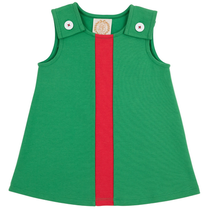 The Beaufort Bonnet Company's Baby Girls' and Girls' Pima Juliet Jumper is a sleeveless Kiawah Kelly Green dress with a vertical red stripe and two white buttons on the straps, crafted from soft pima cotton.
