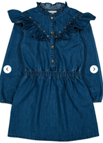 The Girls' Pop Light Denim Dress by Louis Louise features long sleeves, ruffled shoulders, front buttons, a gathered waist, and a slightly flared skirt.