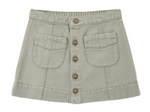 The Girls’ Denver Mini Skirt by Rylee & Cru features a khaki hue, front seam details, five antique brass buttons down the center, two large front pockets, and delicate embroidered stitching for a timeless touch.