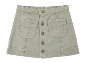 The Girls’ Denver Mini Skirt by Rylee & Cru features a khaki hue, front seam details, five antique brass buttons down the center, two large front pockets, and delicate embroidered stitching for a timeless touch.