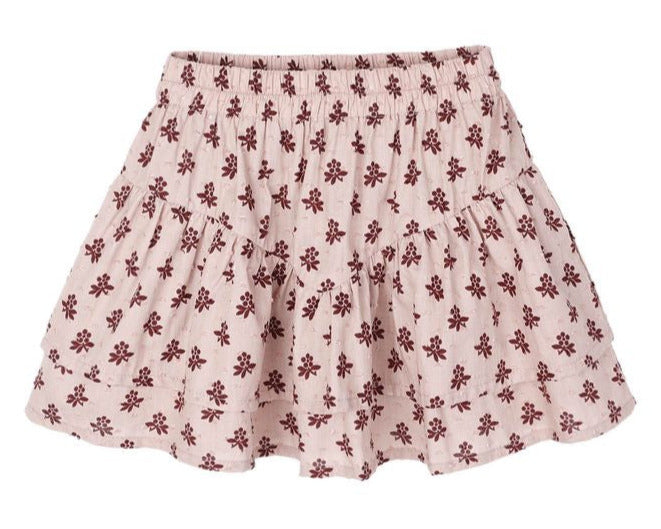 The Girls' Tiered Mini Skirt by Rylee & Cru features light pink scallop-edged tiers, an elastic waistband, and a small maroon floral print.
